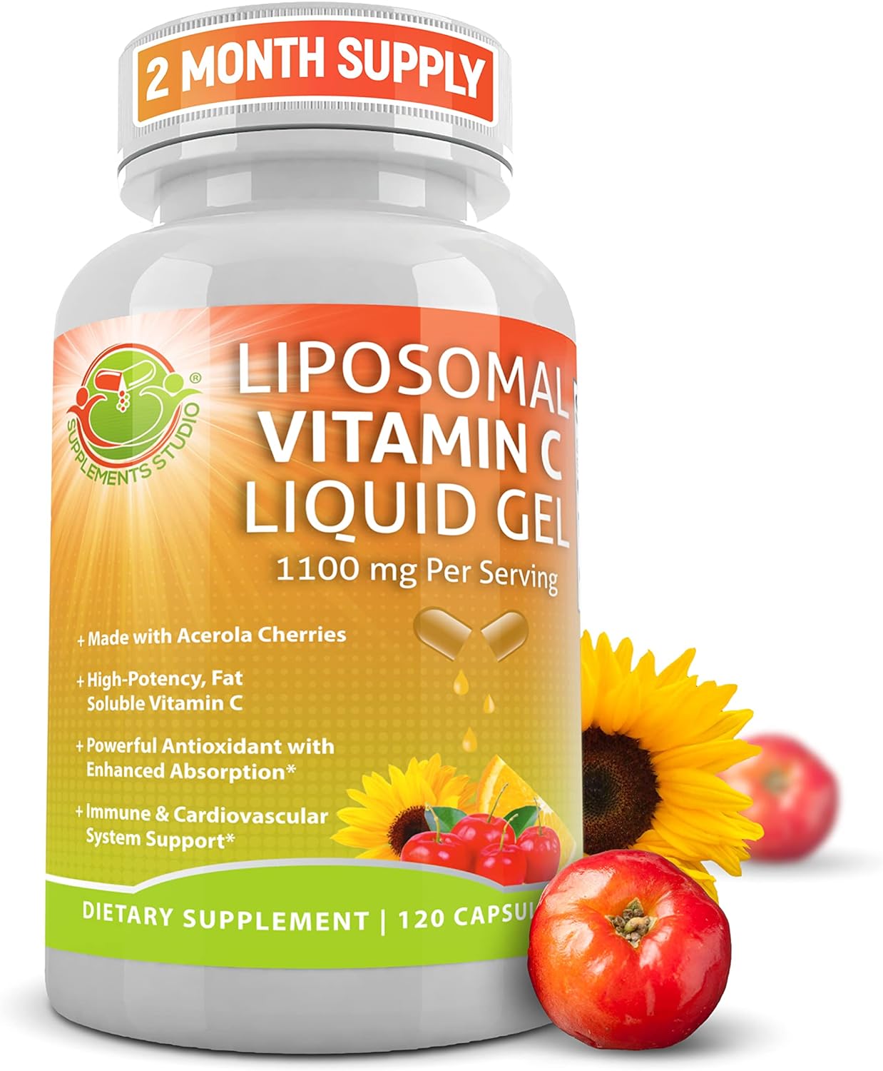 Liposomal Vitamin C Liquid Gel Capsules - 1100mg - Made with Organic Acerola Cherries, High Potency Vitamin C Liposomal Immune Support Supplement with Enhanced Absorption & Bioavailability - 120 count