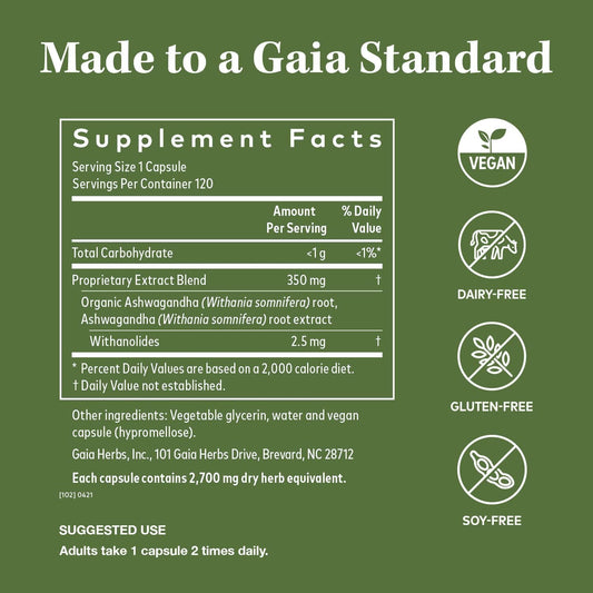 Gaia Herbs, Ashwagandha Root Vegan Liquid Phyto Capsules - Stress Relief, Immune Support Supplement, Balanced Energy Levels And Mood , 120 Ct (Pack Of 1)