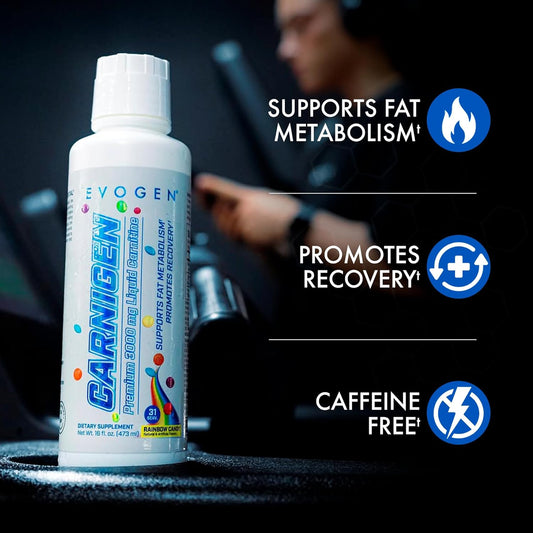 Evogen Carnigen Premium L Carnitine Liquid – L Carnitine 3000 Supplement | L Carnitine Supplement For Fat Metabolism & Recovery | Acetyl L-Carnitine | Caffeine Free | Rainbow Candy | 31 Servings