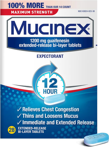 Mucinex 1200mg Maximum Strength Chest Congestion & Mucus Relief, Guaifenesin Expectorant - 28ct Tablets