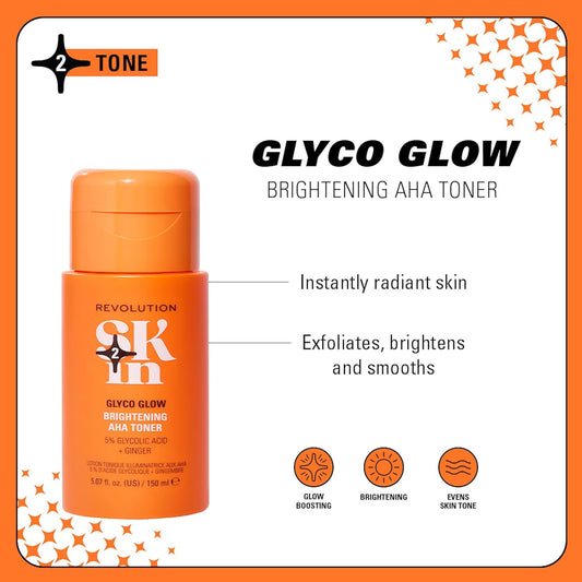 Revolution Skin, Glyco Glow 5% Glycolic Acid & Ginger Brightening Aha Toner, Facial Toner For Radiant Complexion, Vegan & Cruelty-Free, 150Ml