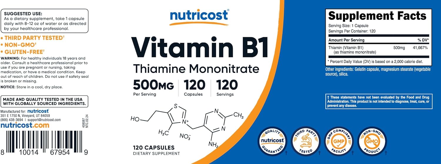 Nutricost Vitamin B1 (Thiamine) 500mg, 120 Capsules : Health & Household