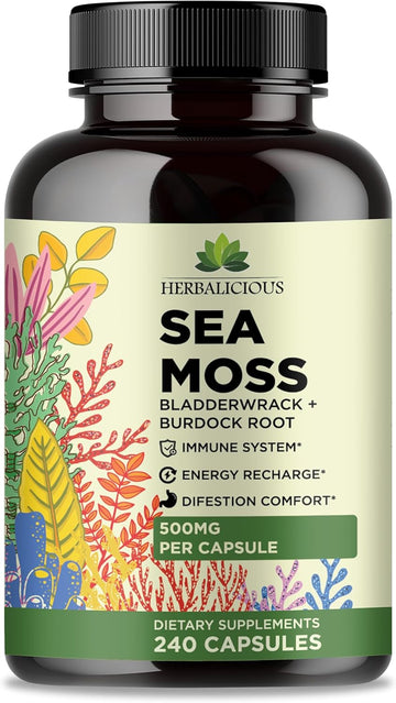 Sea Moss Capsules – Irish Sea Moss Pills With Bladderwrack & Burdock Root – 240 Capsules, 1000Mg Per Serving – Immune Support, Thyroid & Gut Health – Vegan Superfood Supplement