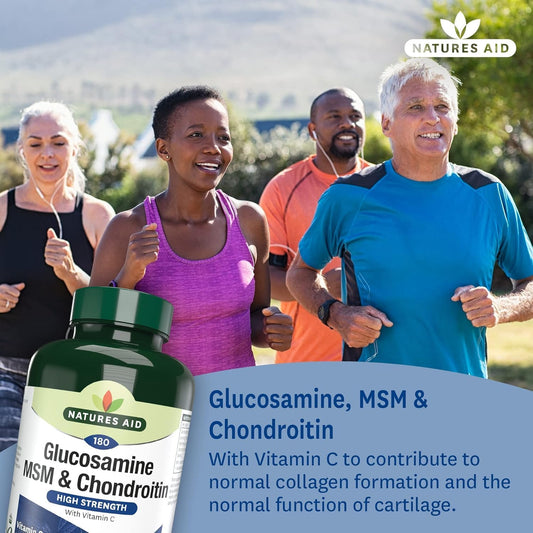 Natures Aid Glucosamine Msm & Chondroitin With Vitamin C - High Strength Joint Support - Mobility & Cartilage Health, Collagen Formation - Non-Gmo, Gluten-Free Supplement - 180 Tablets