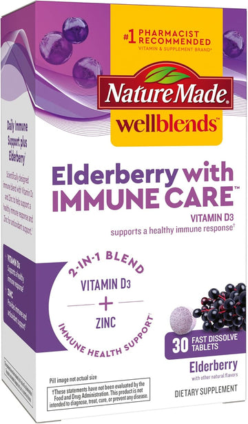 Nature Made Wellends Elderberry with ImmuneCare, Vitamin D3 and Zinc, with Elderberry avor, 30 Fast Dissolve Tablets