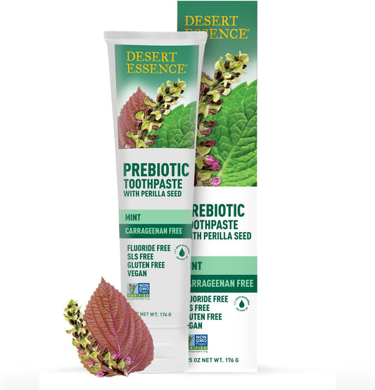 Desert Essence Prebiotic Plant-Based Whitening Toothpaste - Mint - Oral Care With Inulin, Perilla Seed & Aloe - Vegan, Fluoride Free, Non-Gmo, Gluten-Free, Cruelty-Free - 6.25 Oz