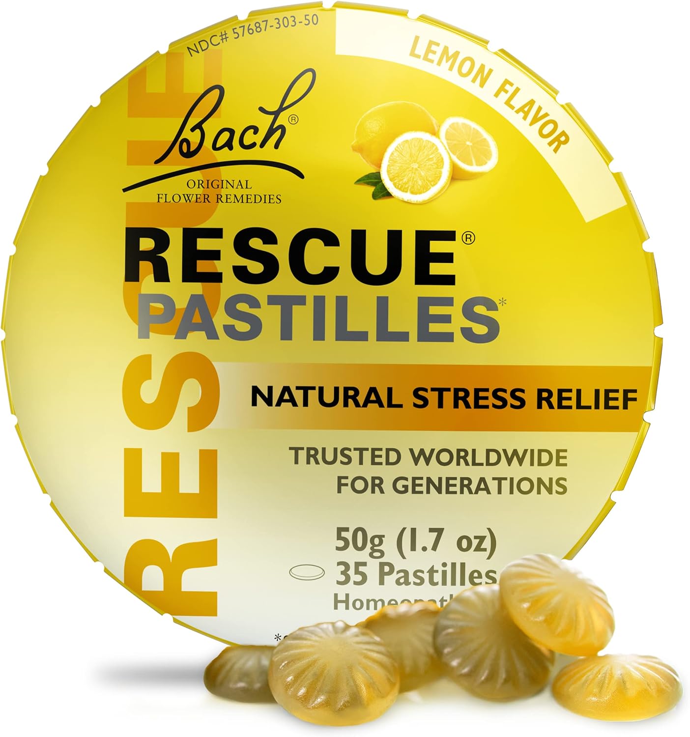 Bach Rescue Pastilles, Lemon Flavor, Natural Stress Relief Lozenges, Homeopathic Flower Essence, Vegetarian, Gluten & Sugar-Free, 35 Count