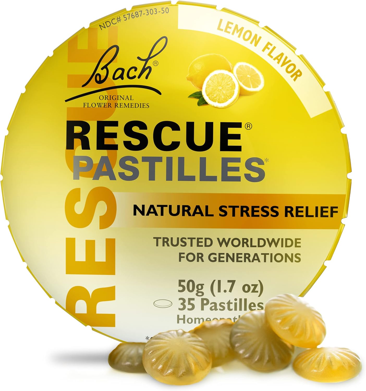 Bach RESCUE PASTILLES, Lemon Flavor, Natural Stress Relief Lozenges, Homeopathic Flower Essence, Vegetarian, Gluten & Sugar-Free, 35 Count