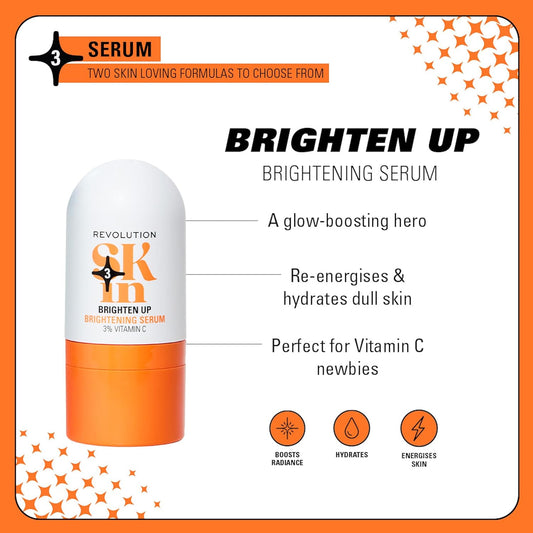 Revolution Skin, Brighten Up 3% Vitamin C Brightening Serum, Face Serum, Illuminates & Reenergises Skin, Vegan & Cruelty-Free, 30Ml