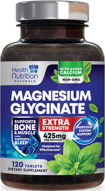 Magnesium Glycinate 425 mg with Calcium - Natural, High Absorption Magnesium Tablets Chelated for Muscle, Nerve, Bone & Heart Health Support - Non-GMO, Gluten Free, Vegan Supplement - 120 Tablets