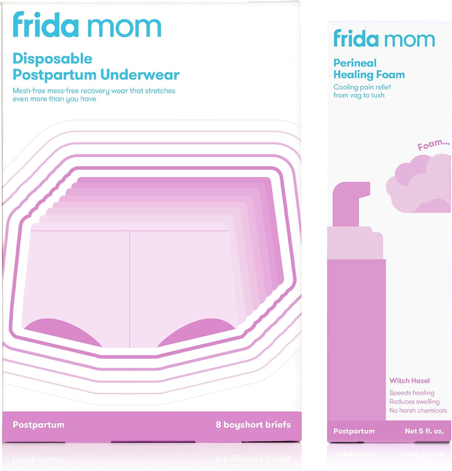 Frida Mom Perineal Medicated Witch Hazel Healing Foam + Disposable Underwear (Regular Boyshort) For Postpartum Care | Foam Relieves Pain And Reduces Swelling For Perineal Area