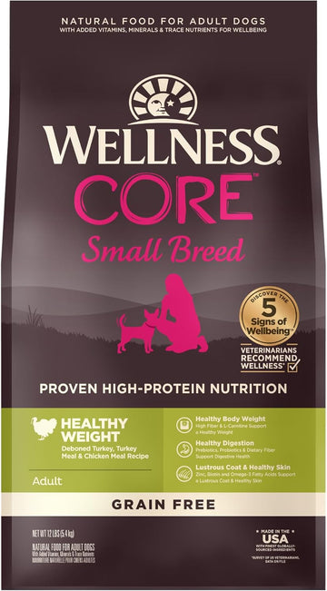 Wellness Natural Pet Food Core Grain-Free High-Protein Small Breed Dry Dog Food, Natural Ingredients, Made In Usa With Real Meat (Adult, Healthy Weight, 12-Pound Bag)