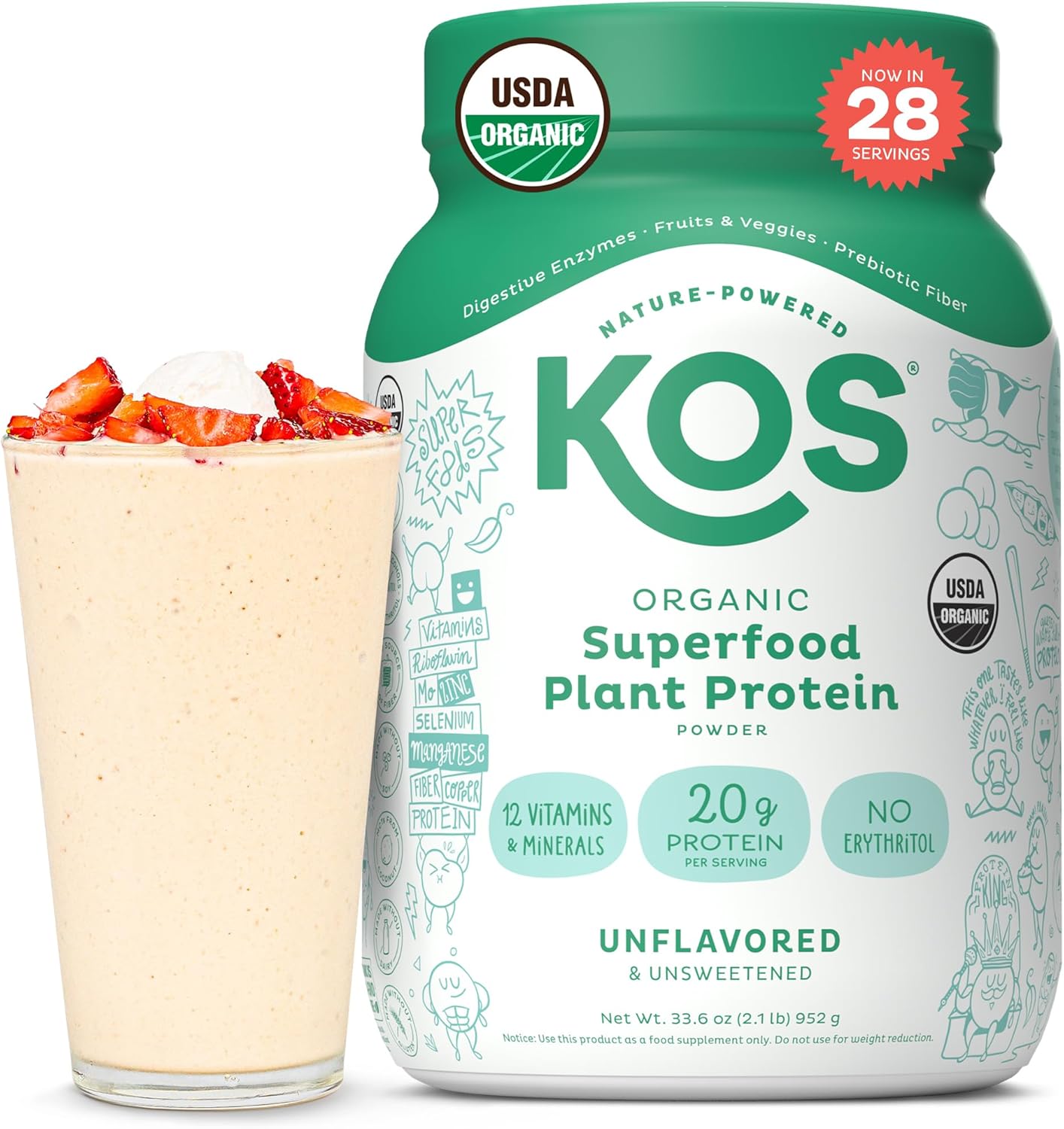 Kos Vegan Protein Powder, Unflavored & Unsweetened - Low Carb Pea Protein Blend, Organic Superfood Rich In Vitamins & Minerals - Keto, Soy, Dairy Free - Meal Replacement For Women & Men - 28 Servings