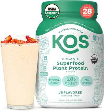 Kos Vegan Protein Powder, Unflavored & Unsweetened - Low Carb Pea Protein Blend, Organic Superfood Rich In Vitamins & Minerals - Keto, Soy, Dairy Free - Meal Replacement For Women & Men - 28 Servings