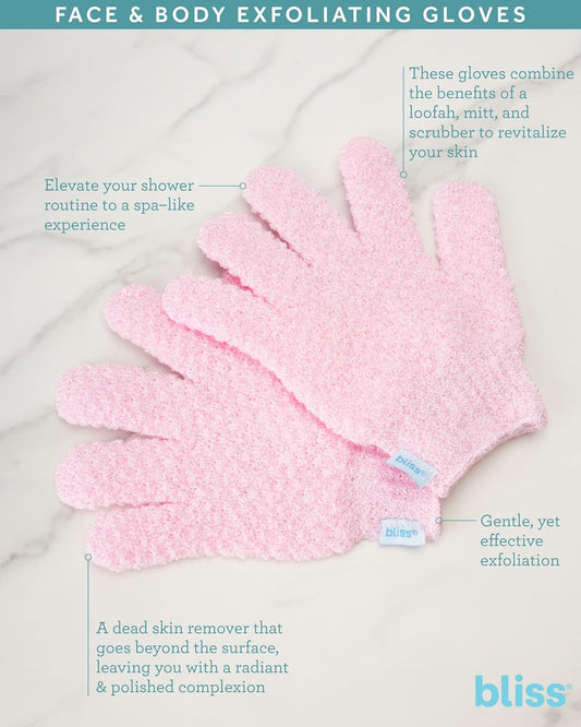 Bliss Exfoliating Gloves - 3 Pair Face And Body Exfoliating Glove - Shower Bath And Spa Accessories - Deep Clean, Dead Skin Remover, Size 3 Pair, Pink/Yellow/Blue