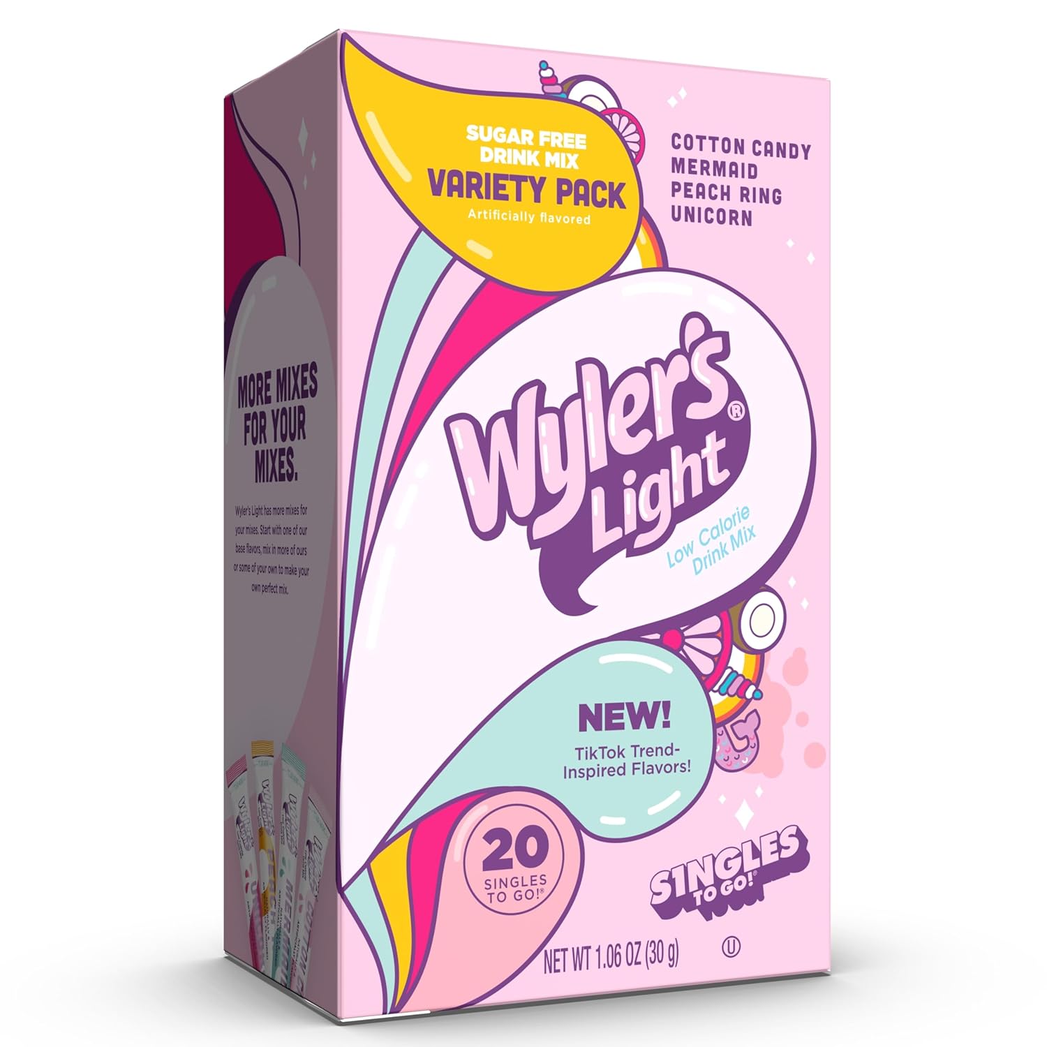 Wyler'S Light Singles To Go Powder Packets, Water Drink Mix, Variety Pack, Watertok Fun Flavors, Cotton Candy, Mermaid, Peach Ring, Unicorn, Sugar & Caffeine Free, On-The-Go, 20 Count (Pack - 1)