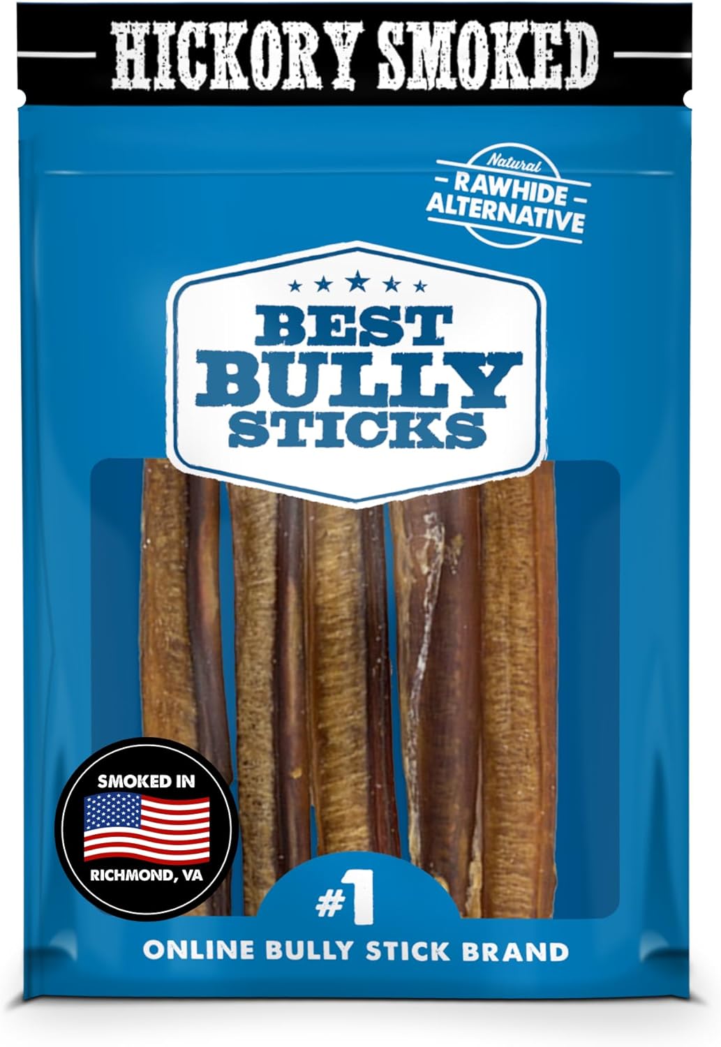 Best Bully Sticks Hickory Smoked 100% Natural 6 Inch Bully Sticks For Dogs, 5 Pack - Smoky, Odor-Free, No Additives, Grain-Free Beef Dog Chews