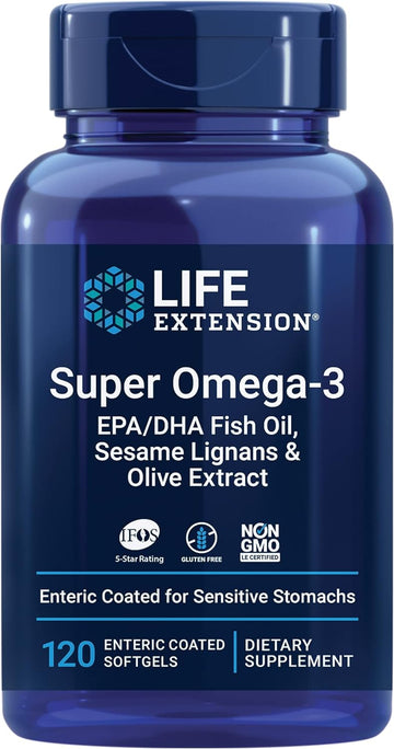 Super Omega-3 EPA/DHA Sesame Lignans & Olive Extract - Fish Oil for Heart Health, Brain Health & Beyond ? Enteric Coated ? IFOS 5-Star Rated ? Gluten-Free, Non-GMO ? 120 Enteric-Coated Softgels