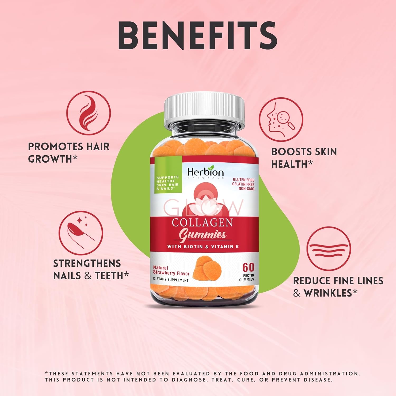 Herbion Naturals Collagen Gummies with Biotin & Vitamin E, Helps Support Healthy Skin, Hair, & Nails*, Natural Strawberry Flavor, Gluten-Free, Non-GMO, 60 Pectin Gummies, Made in USA : Health & Household