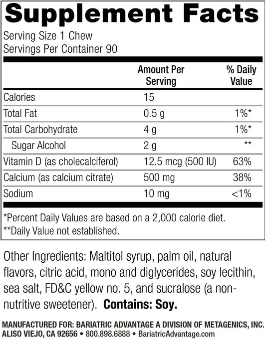 Bariatric Advantage Calcium Citrate Chewy Bites 500 Mg - For Bariatric Surgery Patients - Vitamin D3 - Sugar-Free Chewable Calcium Supplement - Bariatric Chews - Pineapple Mango - 90 Count
