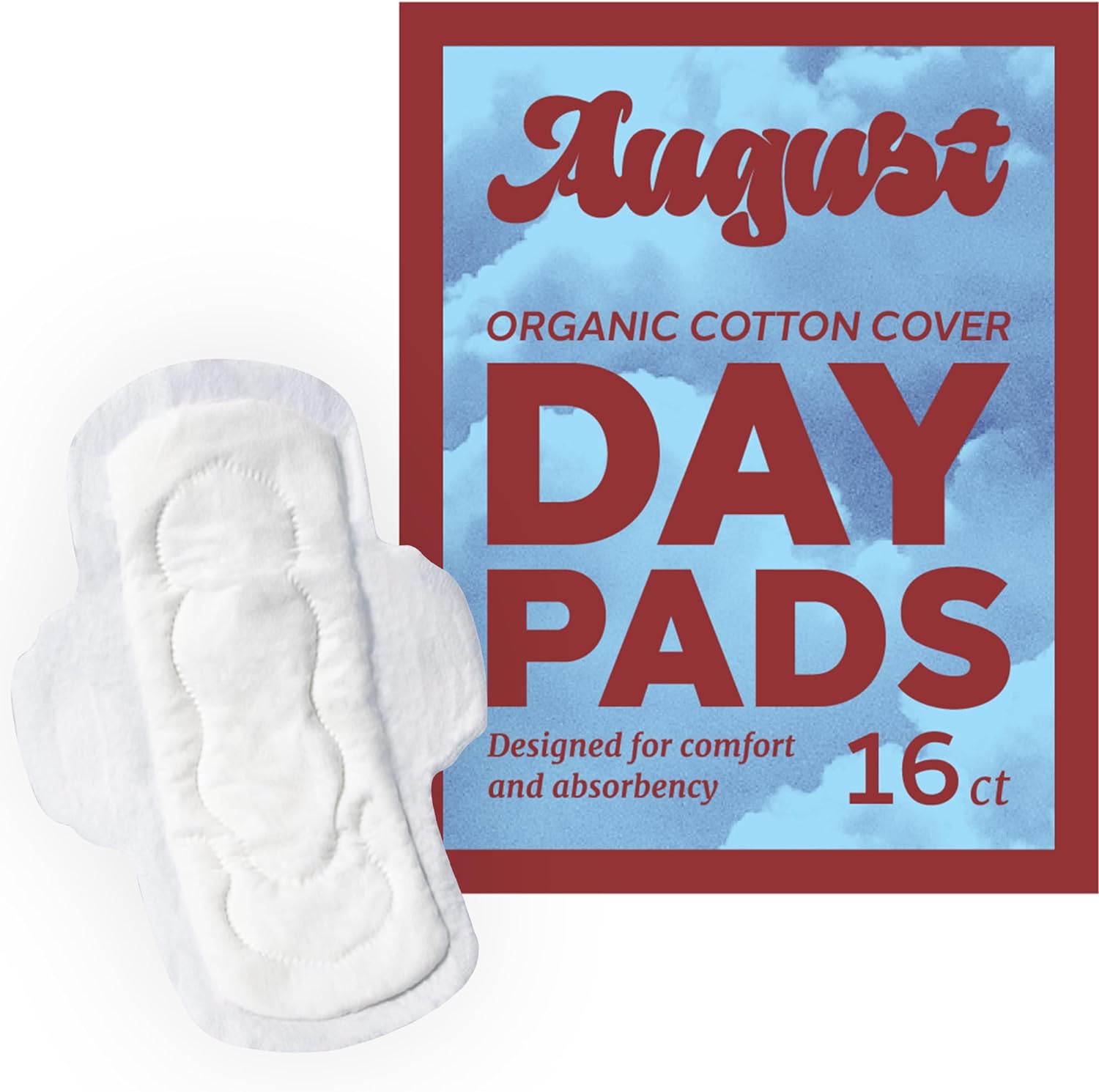 August Organic Menstrual Day Pads, Organic Pads for Women, 100% Certified Organic Cotton Pads, Compostable Wrappers, Toxin Free, Fragrance Free, Hypoallergenic, 16 Pads