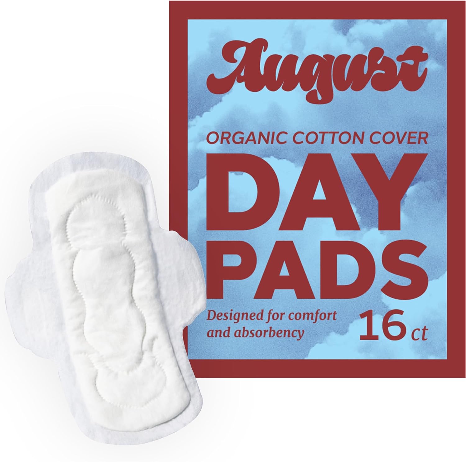 August Organic Topsheet Menstrual Day Pads, Organic Pads for Women and Anyone Who Menstruates, 16 Organic Cotton Pads for Women, Compostable Wrappers, Toxin Free, Fragrance Free, Hypoallergenic