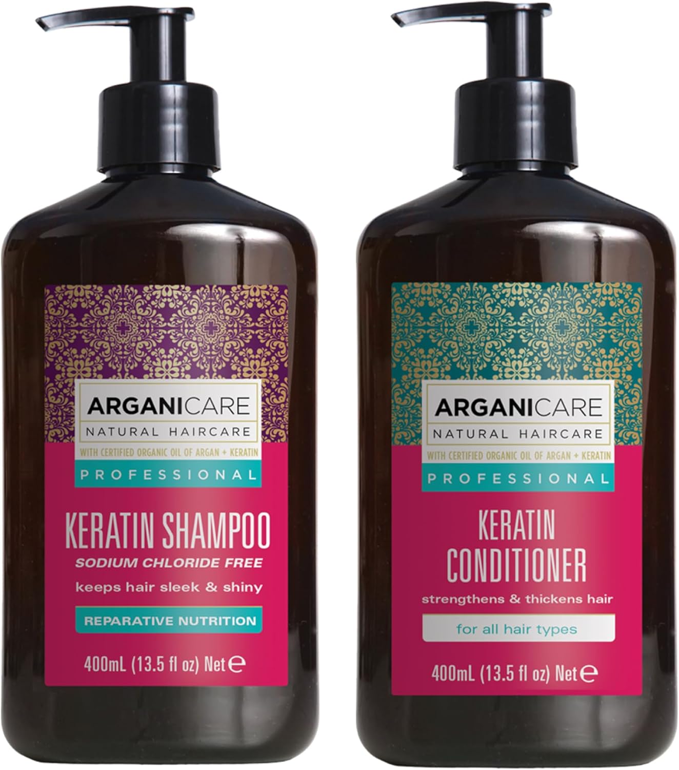 Arganicare | Keratin Shampoo + Conditioner | Regenerates Hair Intensely | Prevents And Treats Split Ends | Soft, Silky, Shiny Hair | Made In France | 2X400Ml