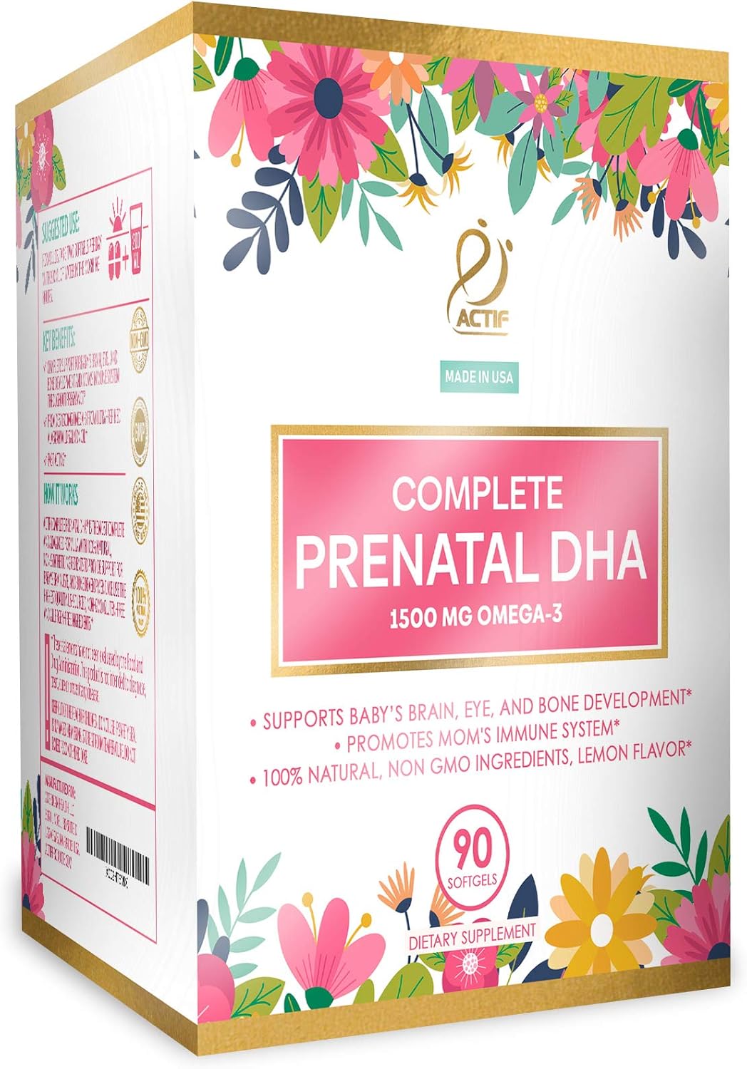 ACTIF Complete Prenatal DHA with 1500mg Omega-3, 100% Natural, Organic DHA, EPA – Non-GMO, 90 Count : Health & Household