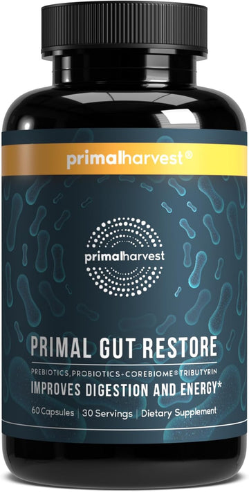 Primal Harvest Restore For Gut Health, Primal Gut Restore W/Postbiotics, Prebiotics And Probiotics For Women And Men, 60 Ct - Digestion, Colon Cleanse, Immunity Support - Helps Leaky Gut Repair