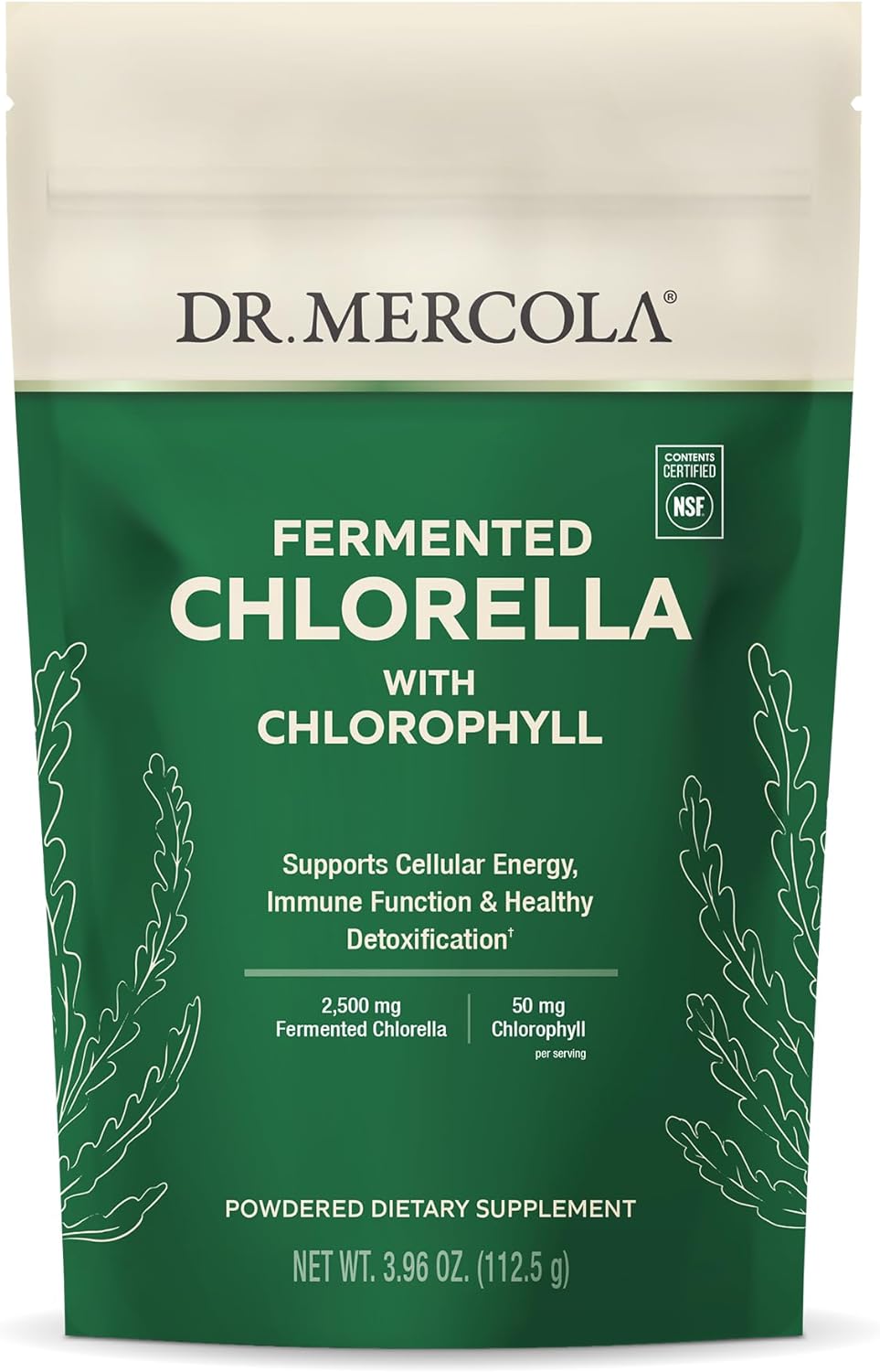 Dr. Mercola Fermented Chlorella with Chlorophyll Powder, 3.96 Oz. (112.5 g), 45 Servings, Supports Cellular Energy and Immune Function, Non-GMO, NSF Contents Certified