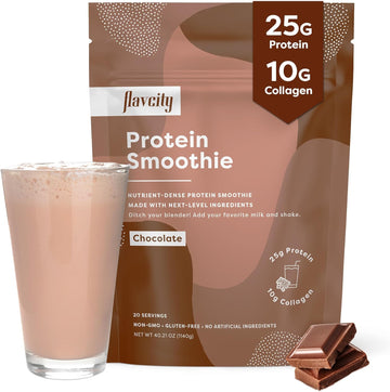 Flavcity Protein Powder Smoothie, Chocolate - 100% Grass-Fed Whey Protein Smoothie With Collagen (25G Of Protein) - Gluten Free & No Added Sugars (40.42 Oz)