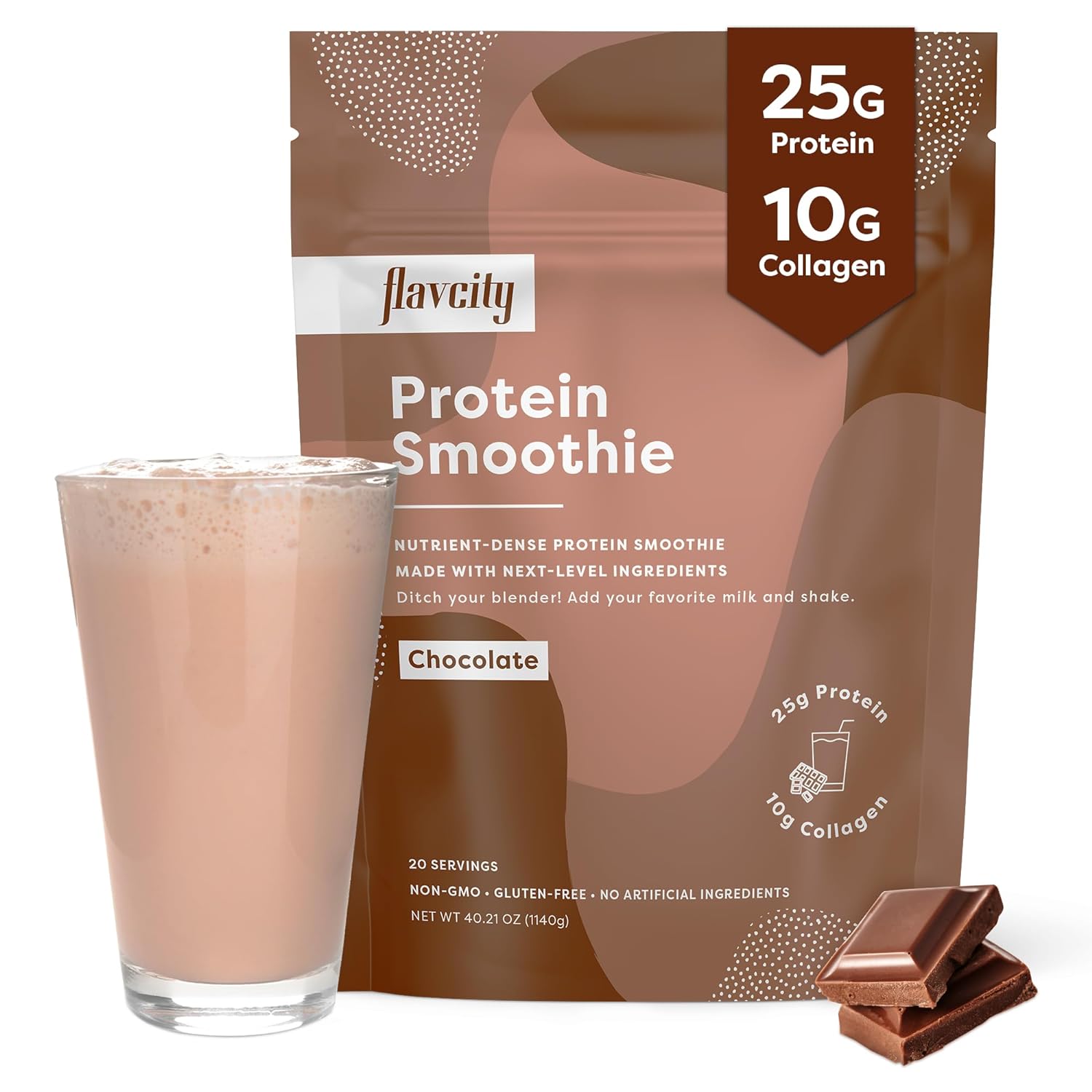 FlavCity Protein Powder Smoothie, Chocolate - 100% Grass-Fed Whey Protein Smoothie with Collagen & Organic Pea Protein (25g of Protein) - Gluten Free & No Added Sugars (37.74 oz)