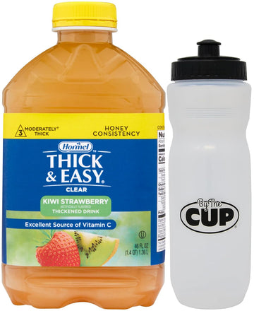 Thick & Easy Clear Thickened Kiwi Strawberry Flavored Drink, Honey Consistency, 46 oz with By The Cup Water Bottle
