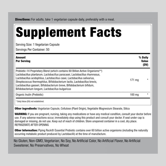 Piping Rock Probiotics 60 Billion CFU | 14 Strains with Prebiotics | 50 Capsules | for Men and Women | Vegetarian, Non-GMO, Gluten Free Supplement