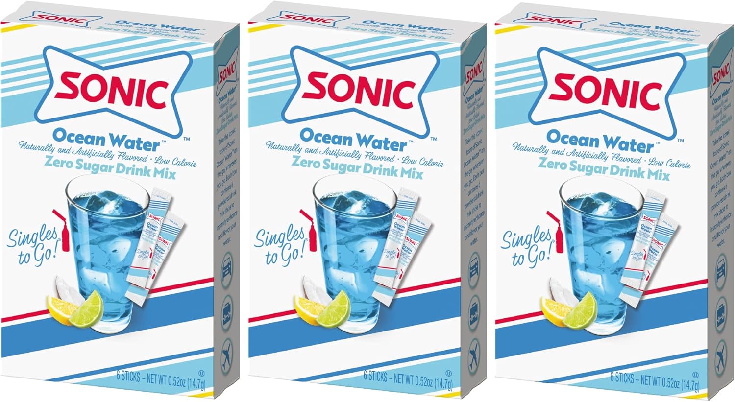 Sonic Singles To Go Powdered Drink Mix, Ocean Water, 6 Sticks Per Box, 3 Boxes Included (18 Sticks Total)