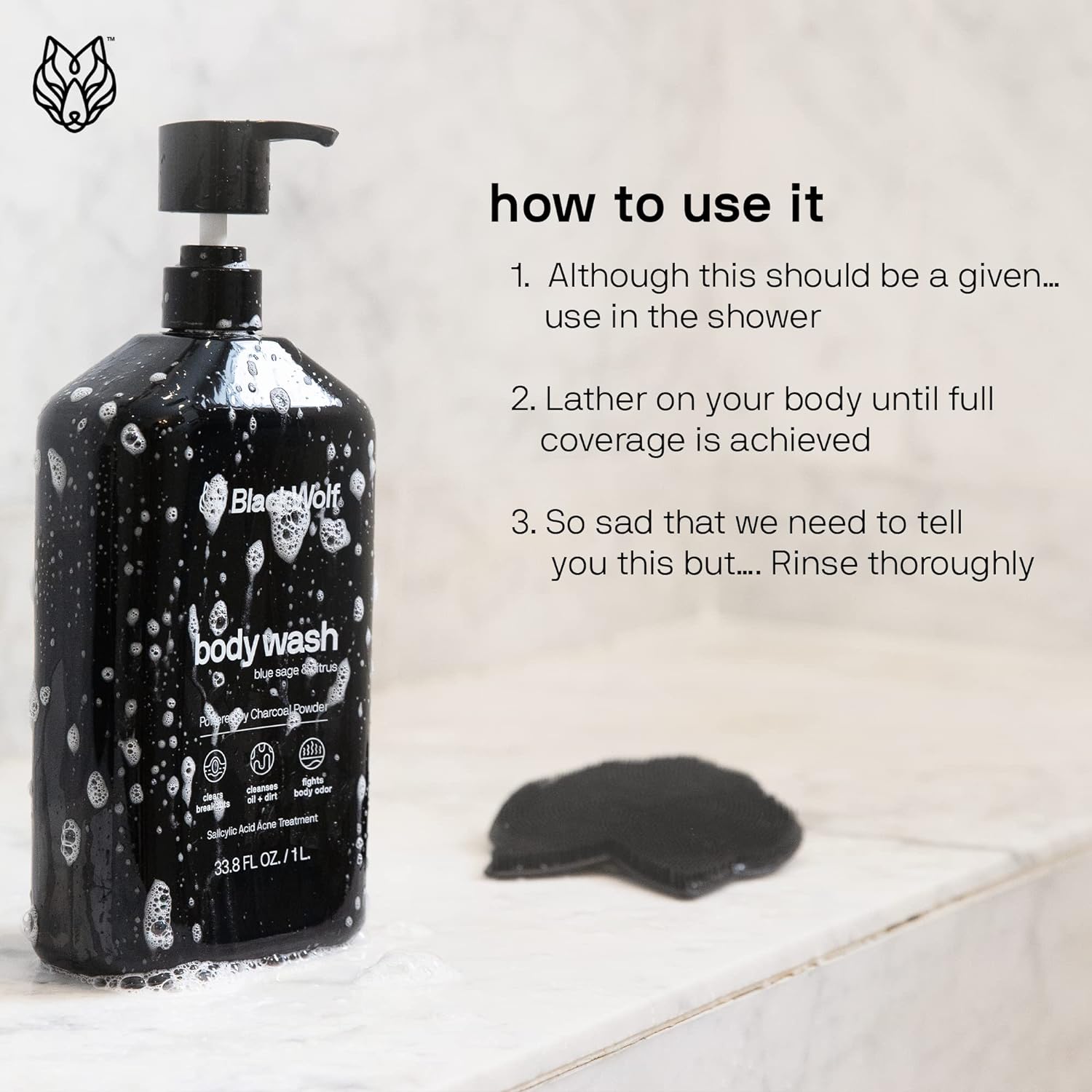 Black Wolf Charcoal Powder Body Wash for Men, 1 Liter - Charcoal Powder & Salicylic Acid Reduce Acne Breakouts & Cleanse Your Skin from Toxins & Impurities - Rich Lather for Full Coverage, Deep Clean : Beauty & Personal Care