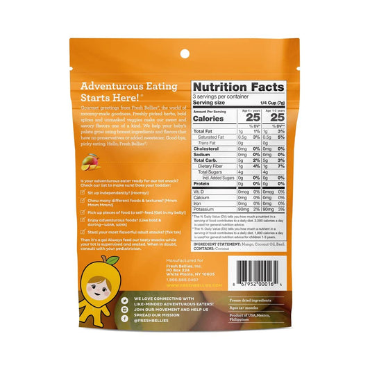 Fresh Bellies Vegan Healthy Snacks for Kids and Toddlers, Kid Snacks with No Added Sugar, Gluten Free Snacks, Freeze Dried Baby Snacks 12m+, Paleo Friendly, Non GMO, Kosher, Mango Basil, 1 pack