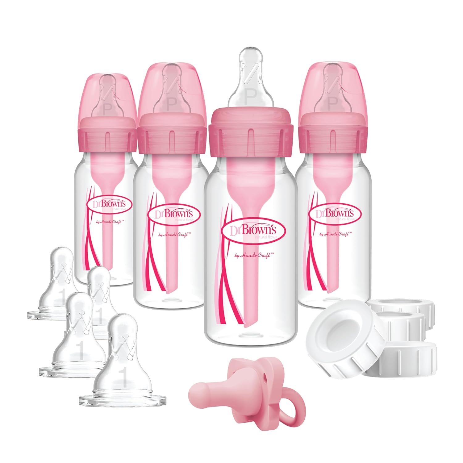 Dr. Brown'S Anti-Colic Baby Feeding Set With Slow Flow Nipples, Travel Caps, Silicone Pacifier - Pink