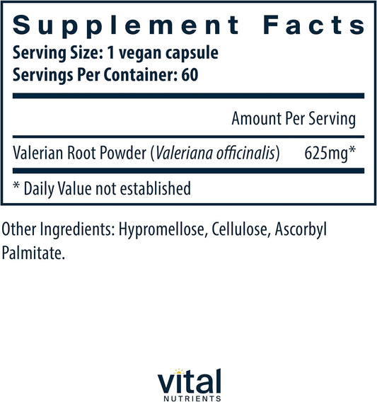 Vital Nutrients - Valerian Root - Natural Support for Relaxation and Restful Nights - Sleep Aid - 60 Vegetarian Capsules per Bottle - 625 mg