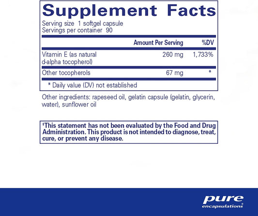 Pure Encapsulations Vitamin E (with Mixed Tocopherols) - Antioxidant Protection & Cellular Function - Contains Mixed Tocopherols - Non-GMO - 180 Softgel Capsules