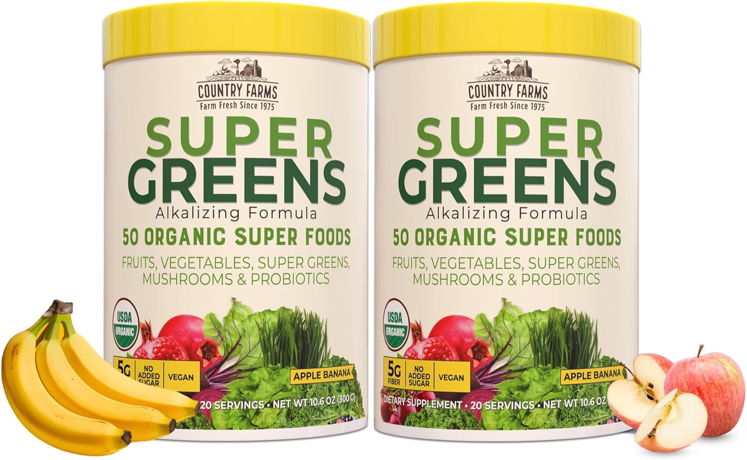 Country Farms Super Greens Apple Banana Powder Smoothie, Organic Super Foods, Usda Organic Drink Mix, Fruits, Vegetables, Mushrooms, Superfood Nutrition, 40 Servings, 2 Pack