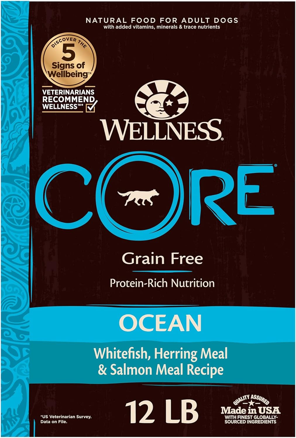 Wellness CORE Grain-Free High-Protein Dry Dog Food, Natural Ingredients, Made in USA with Real Meat, All Breeds, For Adult Dogs (Ocean Whitefish, Herring & Salmon, 12-Pound Bag)