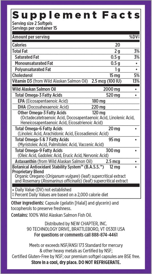 New Chapter Wholemega Fish Oil Supplement - Wild Alaskan Salmon Oil with Omega-3 + Vitamin D3 + Astaxanthin + Sustainably Caught - 30 Count (Packaging May Vary)