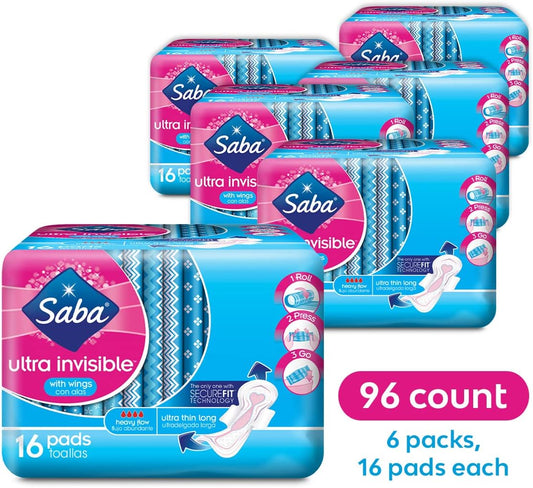 Saba Ultra Invisible Ultra Thin Long Pads with Wings, 96 Count (6 Packs of 16)