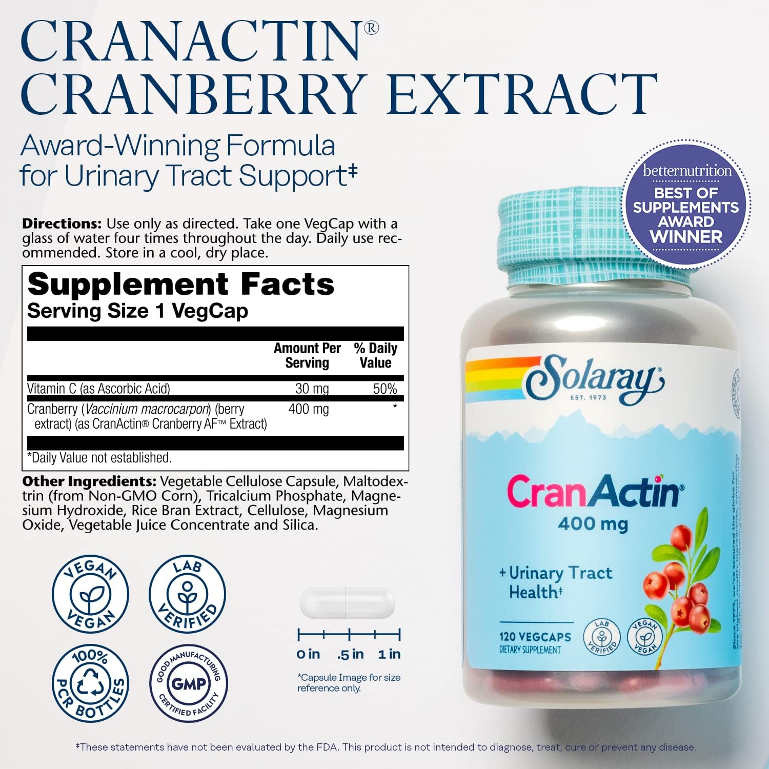 SOLARAY Cranactin Cranberry AF Extract Capsules, 400 mg, 180 Count (120 CT)