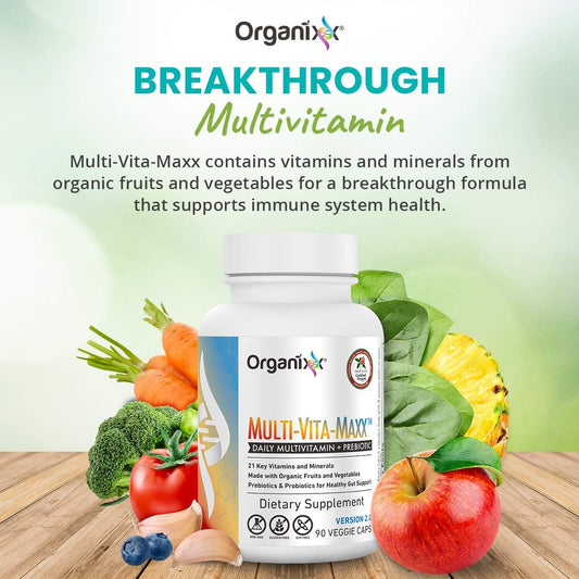 Organixx Vegan Multivitamin For Women & Men, Prebiotic With Vitamin C, D3, Vitamin B Complex, Probiotics, Organic Fruits And Vegetables, Supports Digestive, Gut Health, Immune Support, 90 Gel Capsules