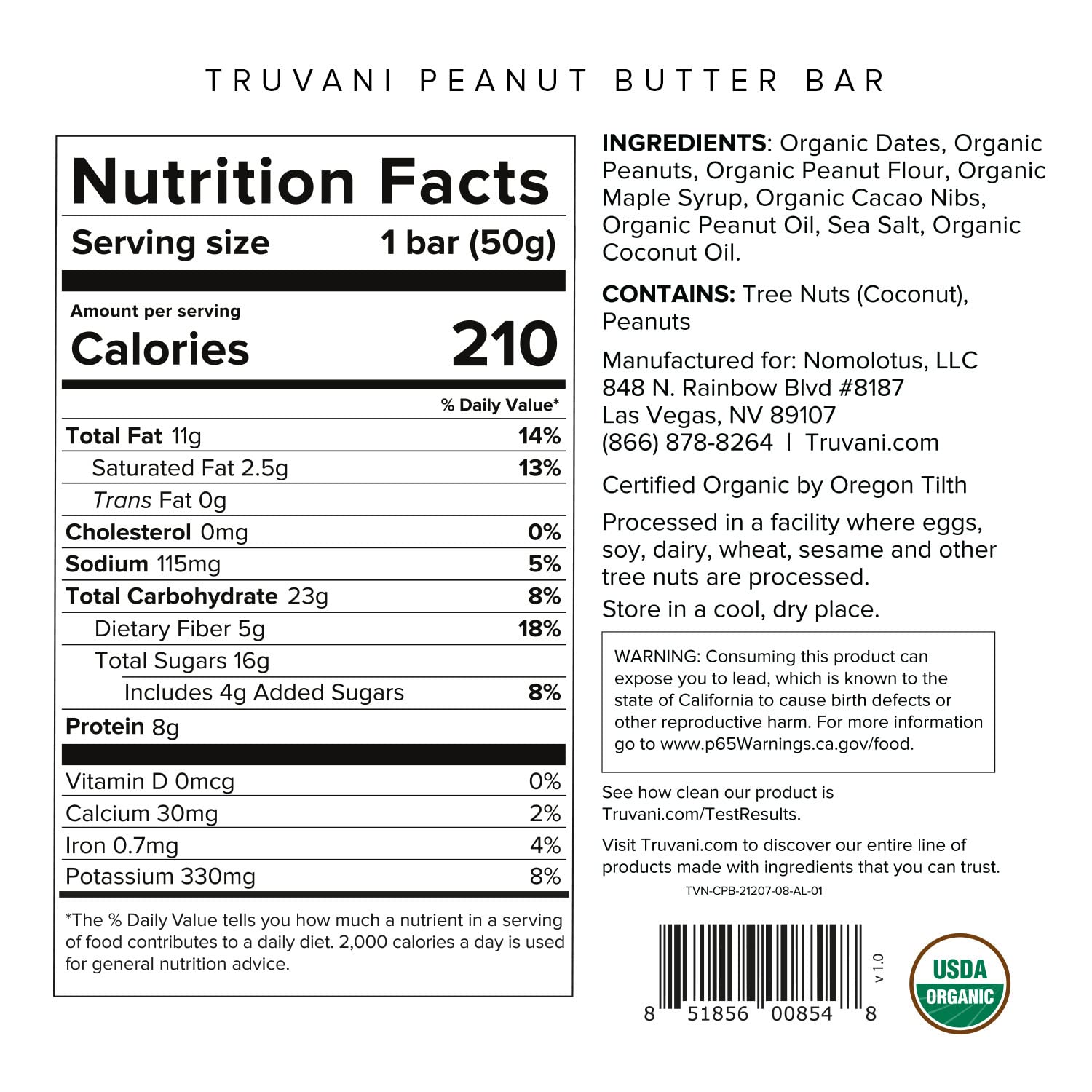 Truvani Plant Based Snack Bars | 8g Protein | 12 Pack Peanut Butter | Organic | Vegan | The Only Bar | Dairy, Soy, and Gluten Free | Individually Wrapped : Health & Household