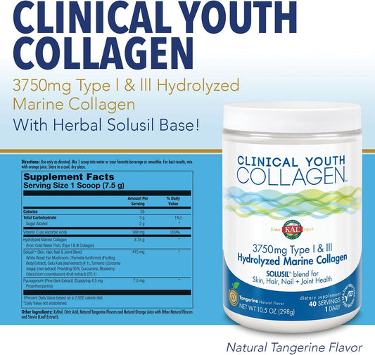 Kal Clinical Youth Collagen | Healthy Skin, Hair, Nail And Joint Support | Vitamin C | Natural Tangerine Flavor | 10.5Oz, 40 Serv