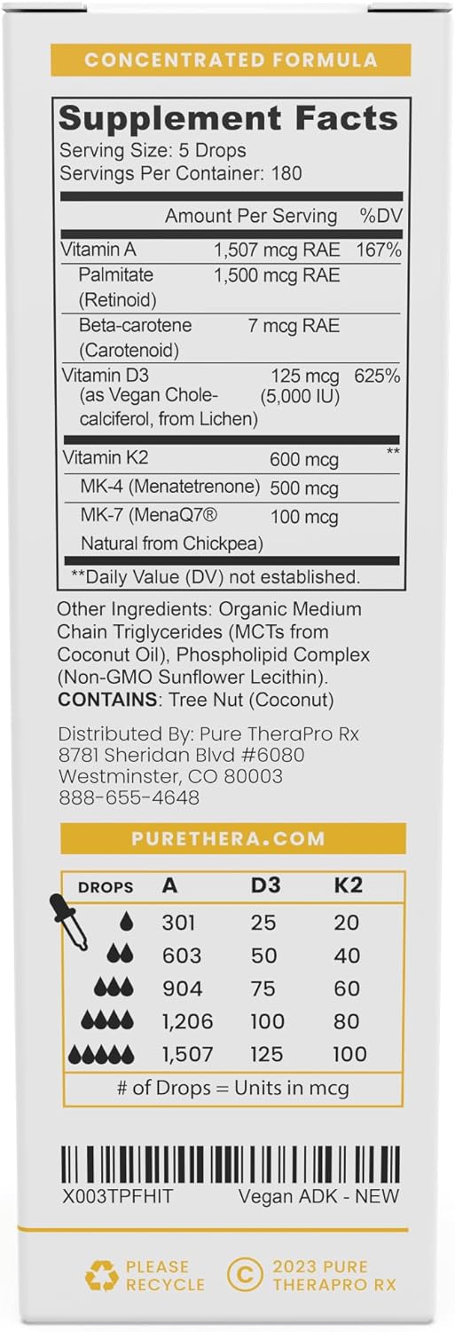 Pure Therapro Rx Vegan A-D-K Drops - 6 Month Supply - Vitamin A (Palmitate & Betacarotene), Liposomal Vitamin D3 (Pureshine), Liposomal Vitamin K2 (Mk-4 & Mk-7) Supports Immunity & Bone Health - 20 Ml