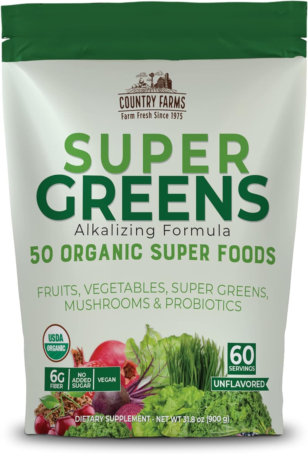 Country Farms Super Greens Natural Flavor, 50 Organic Super Foods, Usda Organic Drink Mix, Fruits, Vegetables, Super Greens, Mushrooms & Probiotics, Supports Energy, 60 Servings, 900G